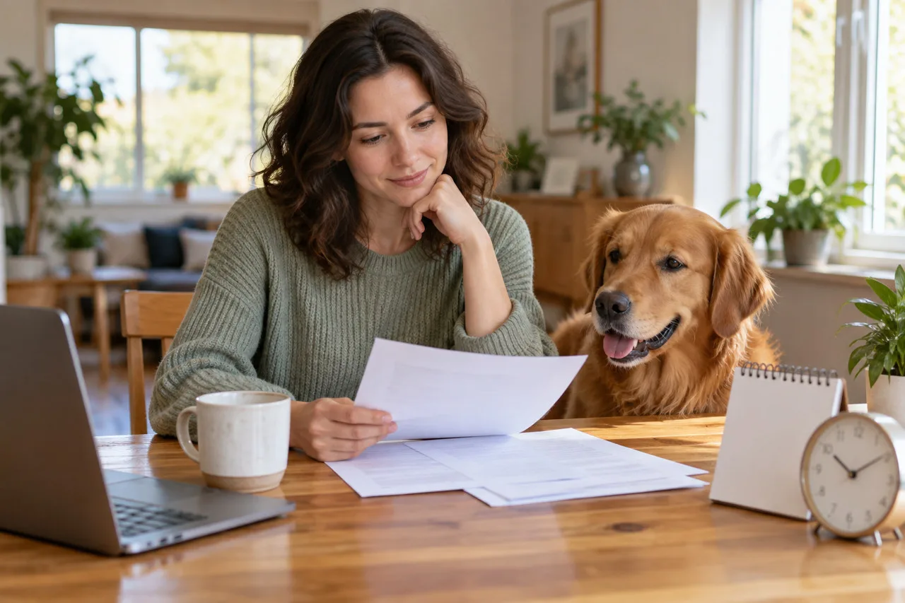 Owner reading papers beside a dog with a clock and calendar on the table
