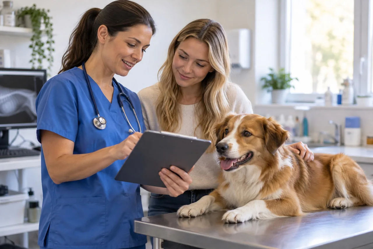 Veterinarian discussing a tablet with an owner beside a golden-colored dog